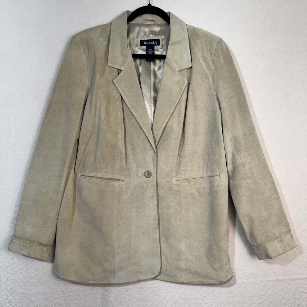Denim & Co Light Tan Leather Suede Blazer Jacket Size Large 90's VTG Satin Lined